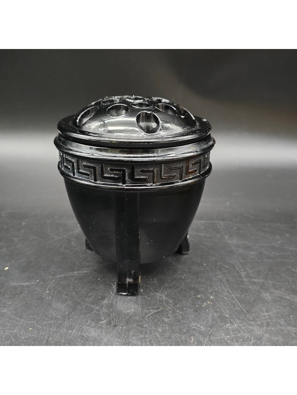 Vintage LE Smith Black Amethyst Glass Greek Key Flower Frog Vase Bowl Censer 5"